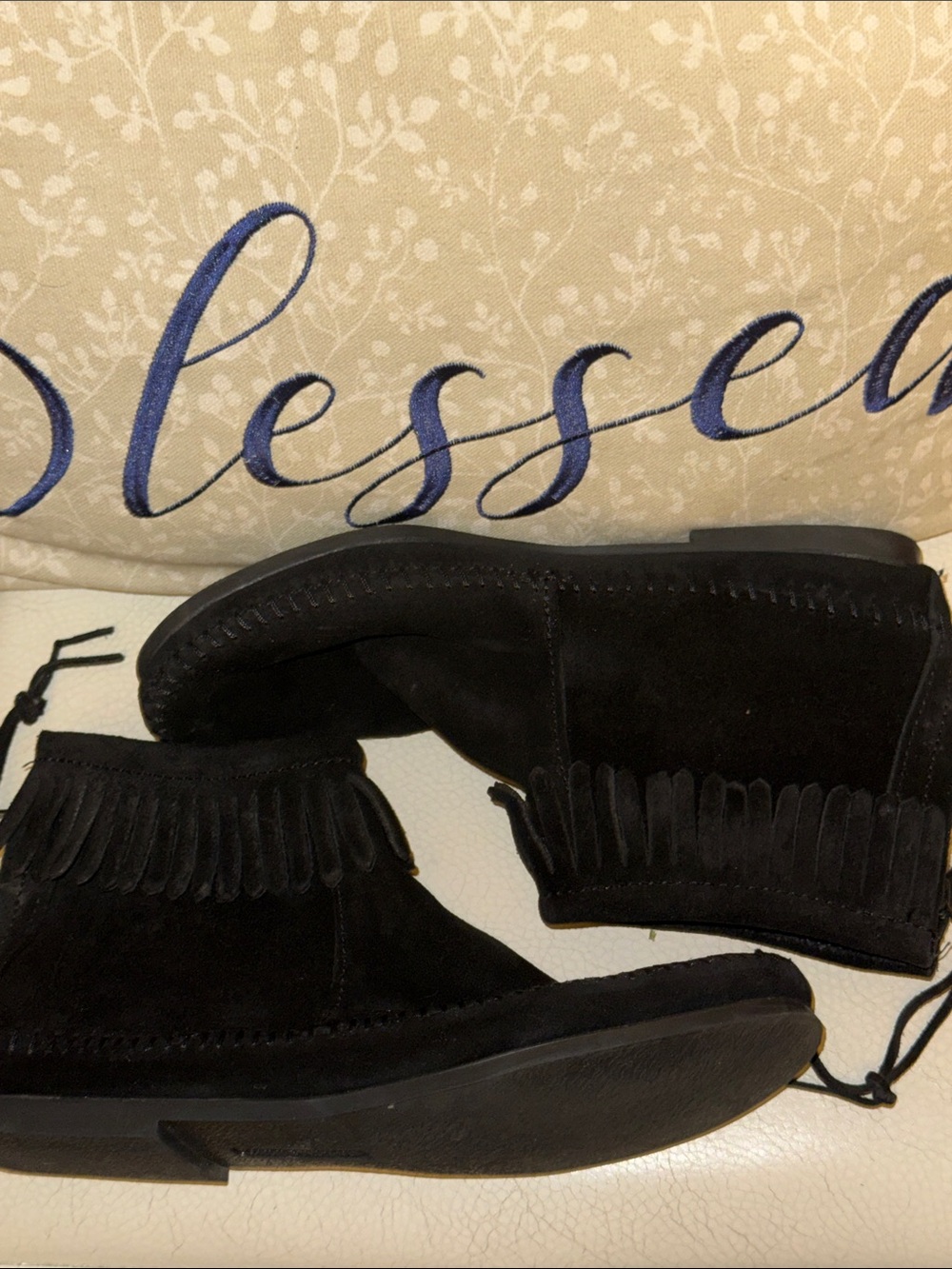 Minnetonka Black Suede Fringe Ankle Boots - Women